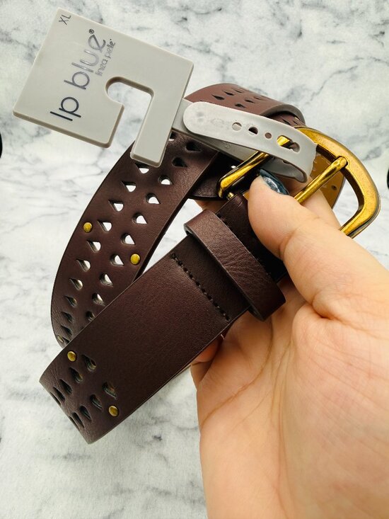 LP Blue Brown Leather Look Perforated Belt Gold Western 1.5in Width,Size XL,NEW main image 10